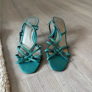 Early 2000’s Loft Snakeskin Strappy Kitten Heels in Teal